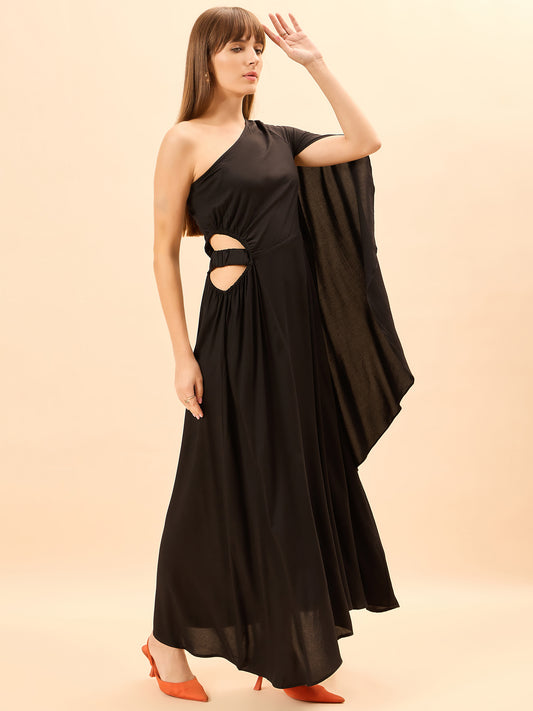 Date Night Black One Shoulder Cotton Womens Maxi Party Dress with Slit