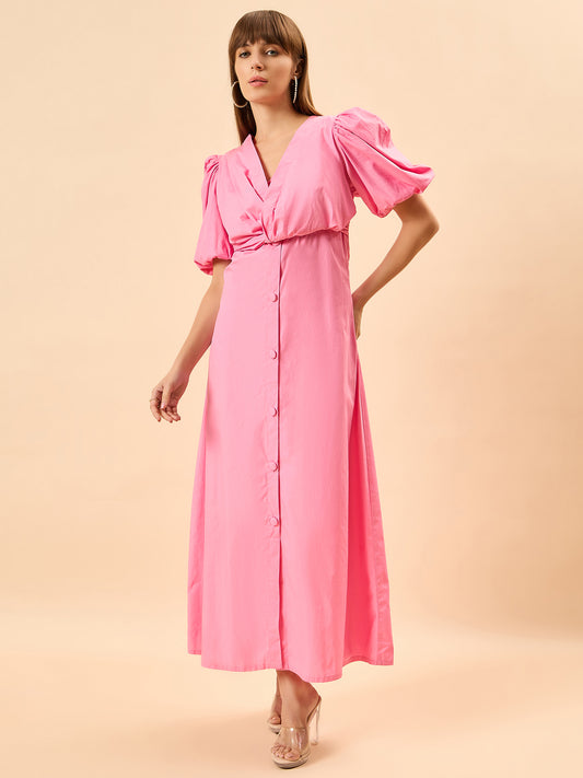 Rose Knot Pastel Pink Womens Maxi Party Dress with Buttons and Statement Sleeves