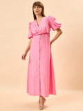 Rose Knot Pastel Pink Womens Maxi Party Dress with Buttons and Statement Sleeves Rose Knot Pastel Pink Womens Maxi Party Dress with Buttons and Statement Sleeves