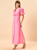Rose Knot Pastel Pink Womens Maxi Party Dress with Buttons and Statement Sleeves Rose Knot Pastel Pink Womens Maxi Party Dress with Buttons and Statement Sleeves