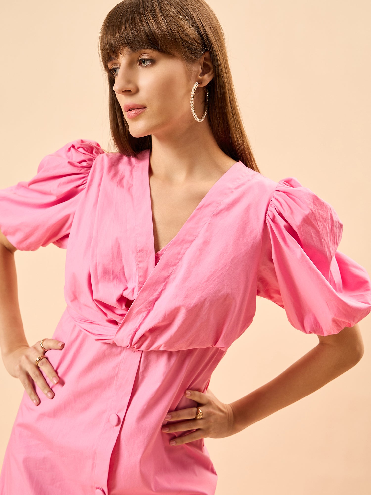 Rose Knot Pastel Pink Womens Maxi Party Dress with Buttons and Statement Sleeves Rose Knot Pastel Pink Womens Maxi Party Dress with Buttons and Statement Sleeves