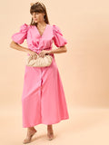 Rose Knot Pastel Pink Womens Maxi Party Dress with Buttons and Statement Sleeves Rose Knot Pastel Pink Womens Maxi Party Dress with Buttons and Statement Sleeves