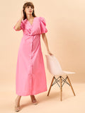 Rose Knot Pastel Pink Womens Maxi Party Dress with Buttons and Statement Sleeves Rose Knot Pastel Pink Womens Maxi Party Dress with Buttons and Statement Sleeves