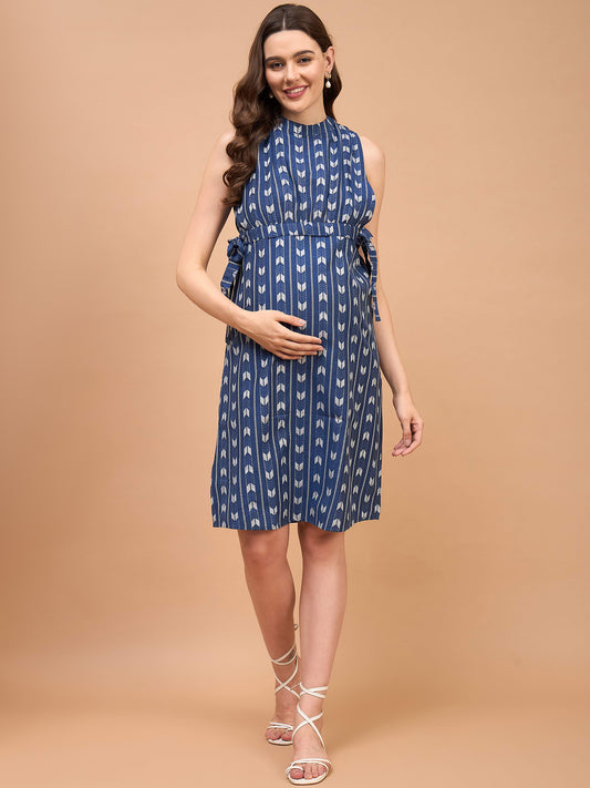 Dear Darling Blue Cotton Jacquard Womens Nursing Maternity Dress with Hidden Nursing Features