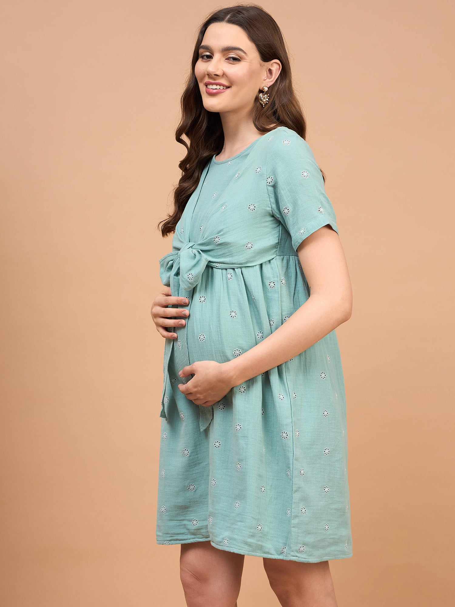 Sage Blue Cotton Schiffli Tie Knot Nursing Maternity Dress Sage Blue Cotton Schiffli Tie Knot Nursing Maternity Dress