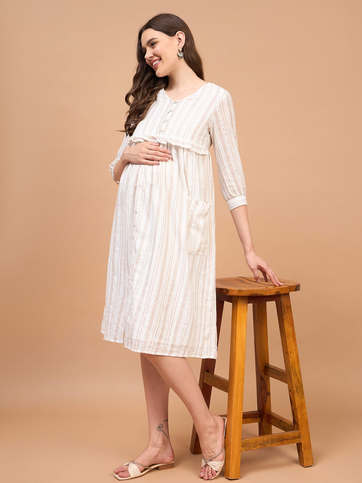 Be Mine Off White Cotton Striped Embroidery Shirt Maternity Dress Be Mine Off White Cotton Striped Embroidery Shirt Maternity Dress