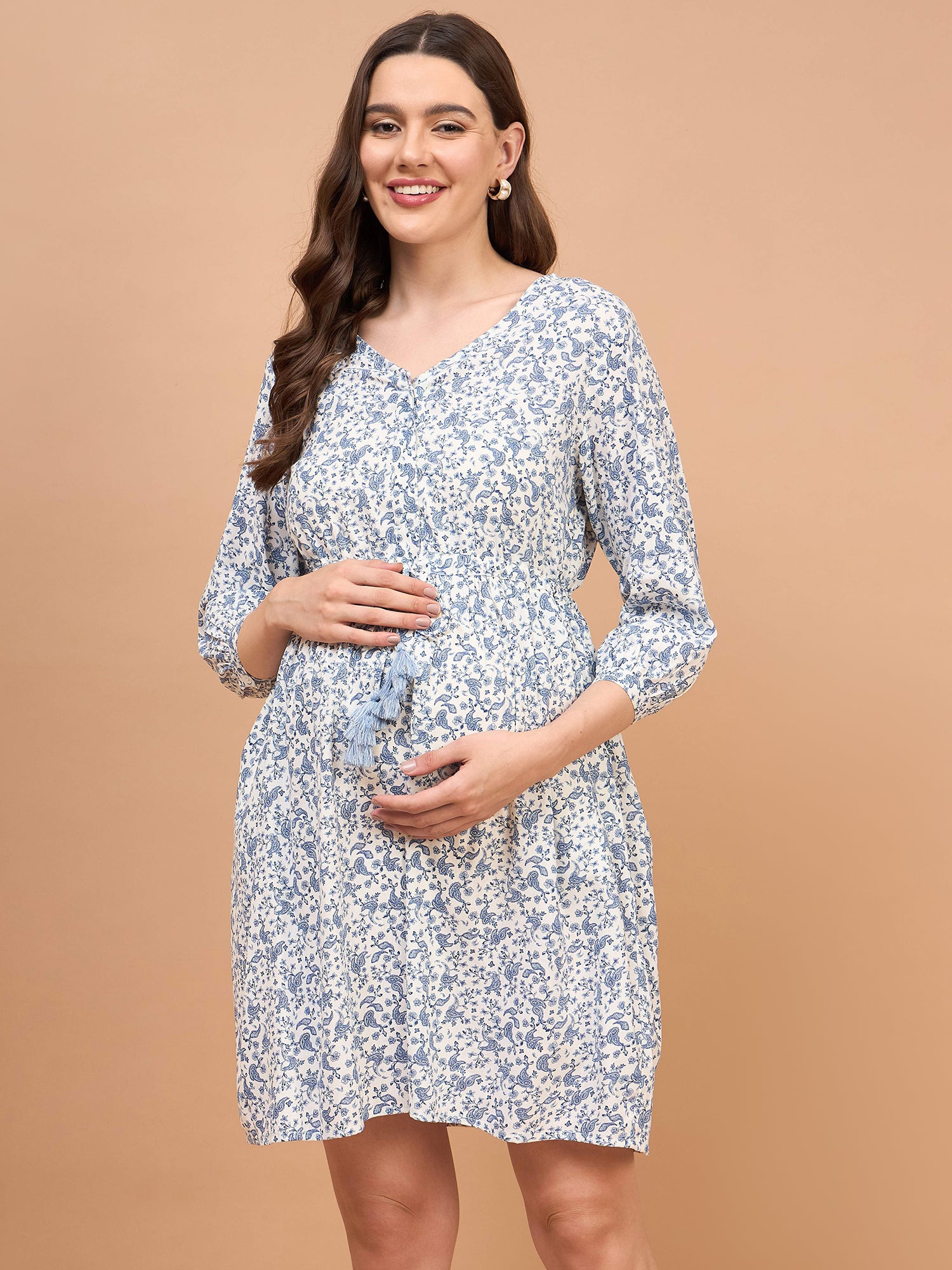 Shine On Paisley Printed White Rayon Button Down Maternity Dress Shine On Paisley Printed White Rayon Button Down Maternity Dress