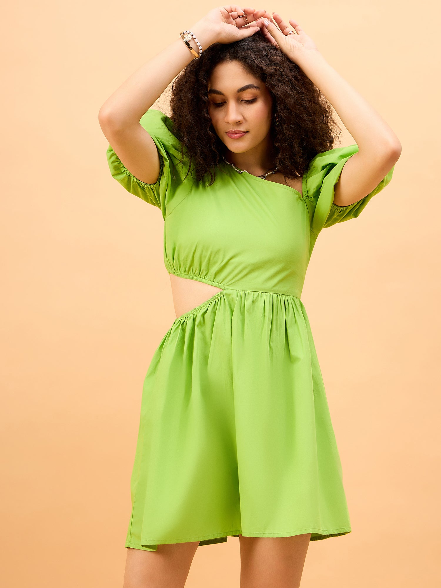 Lime-Crime Green Cut Out Mini Womens Cotton Party Dress Lime-Crime Green Cut Out Mini Womens Cotton Party Dress