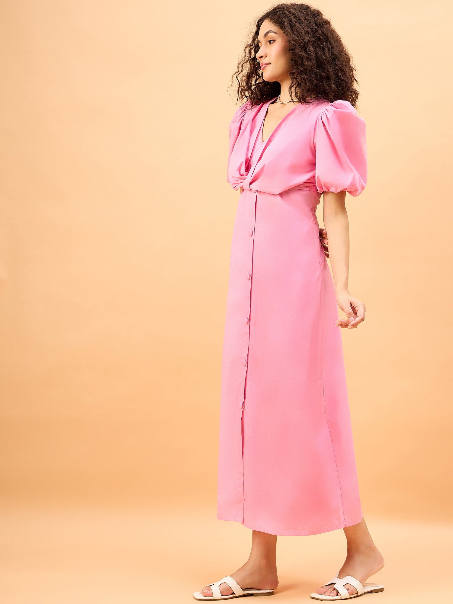 Rose Knot Pastel Pink Womens Maxi Party Dress with Buttons and Statement Sleeves Rose Knot Pastel Pink Womens Maxi Party Dress with Buttons and Statement Sleeves