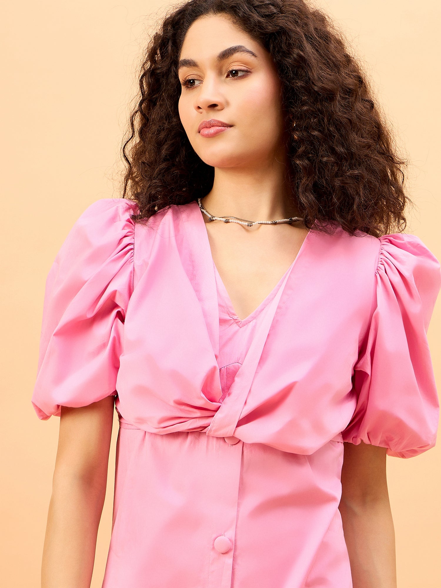 Rose Knot Pastel Pink Womens Maxi Party Dress with Buttons and Statement Sleeves Rose Knot Pastel Pink Womens Maxi Party Dress with Buttons and Statement Sleeves