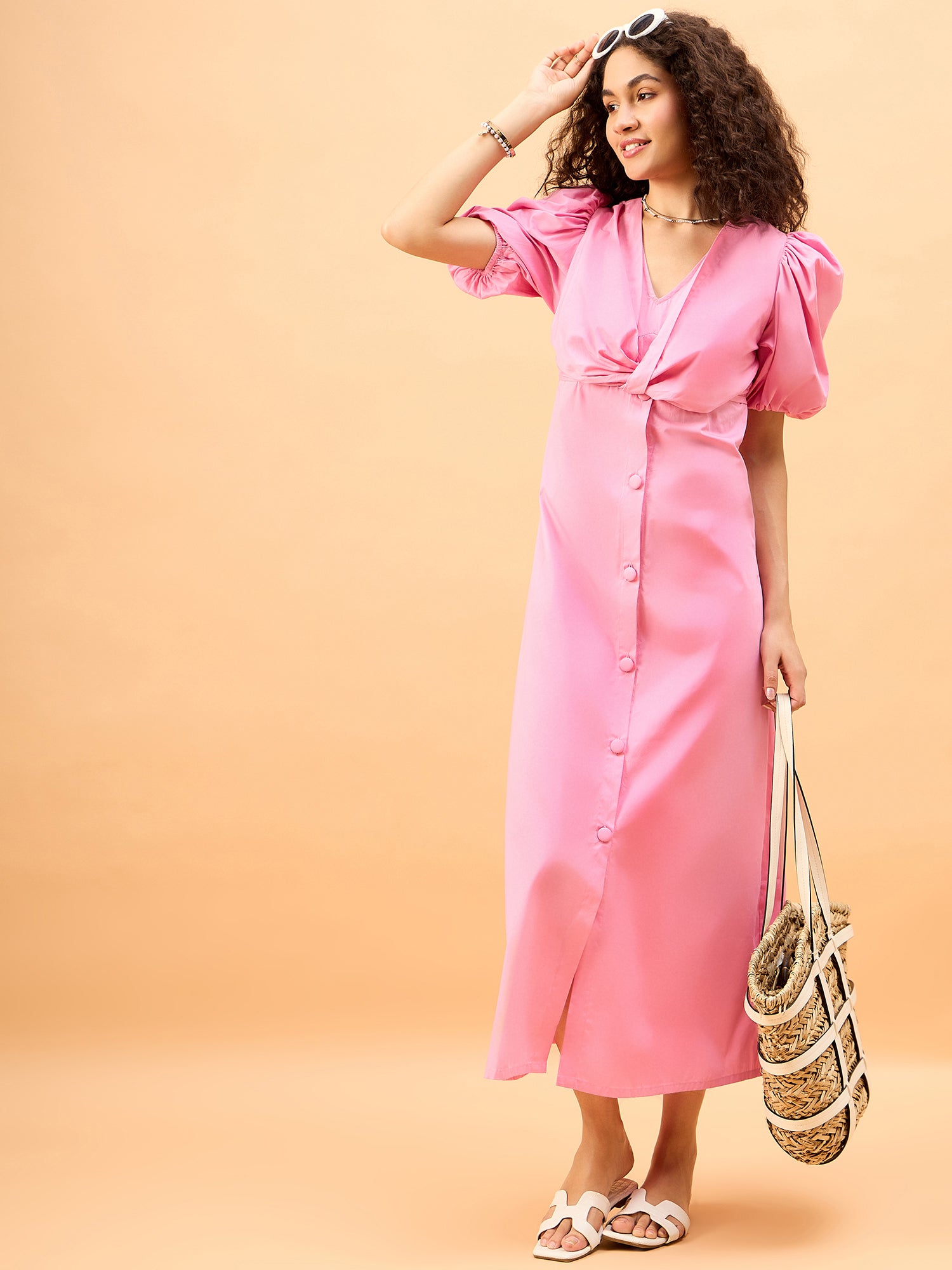 Rose Knot Pastel Pink Womens Maxi Party Dress with Buttons and Statement Sleeves Rose Knot Pastel Pink Womens Maxi Party Dress with Buttons and Statement Sleeves