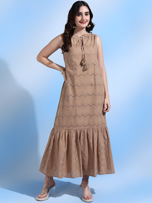Destiny Brown Schiffli Cotton Maxi Dress with Tassel Details