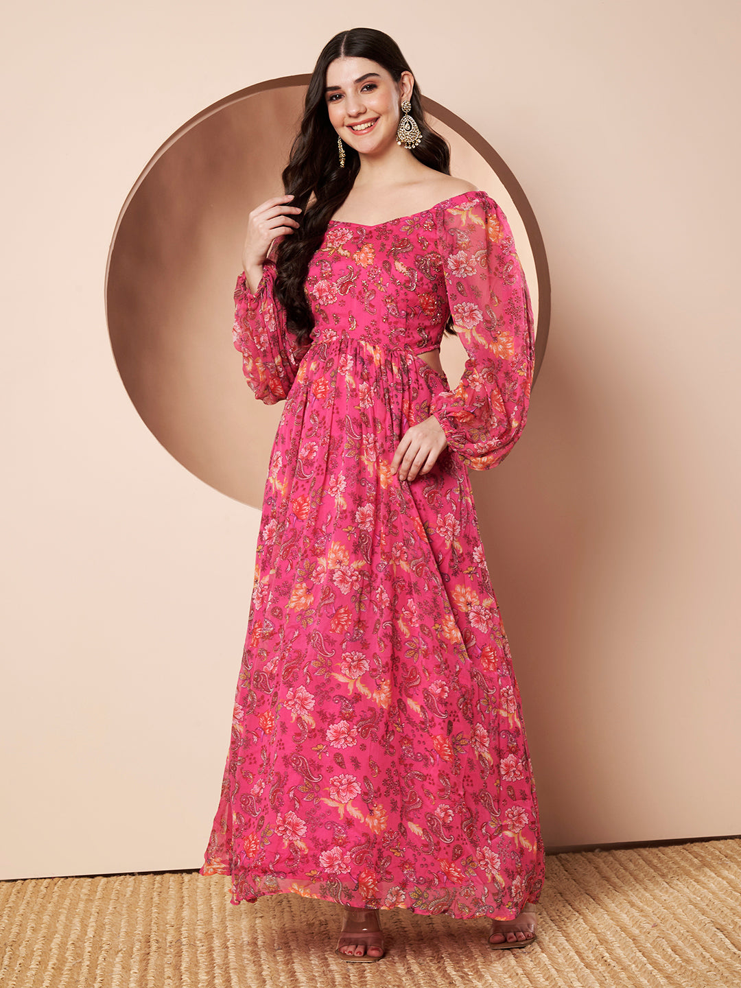 Queenbee Hot Pink Maxi Gown Floral Party Dress for Women with Embroidery Detail Full Sleeves