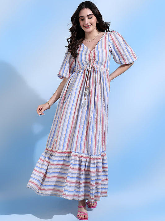 Nancy Pastel Strips Yarn Dyed Maxi Dress with Tie Detail
