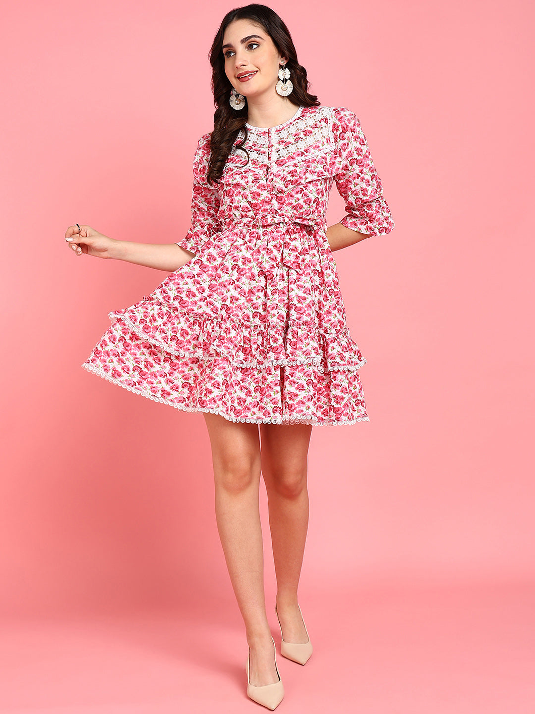 Hawaii Pink Floral Casual Tier Dress for Women with Lace and Ruffle Details Hawaii Pink Floral Casual Tier Dress for Women with Lace and Ruffle Details