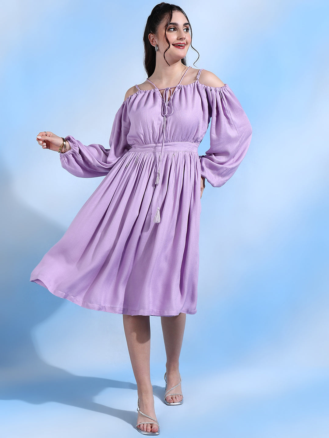 Ariel Lavender Off Shoulder Dress with Tie up Straps Ariel Lavender Off Shoulder Dress with Tie up Straps