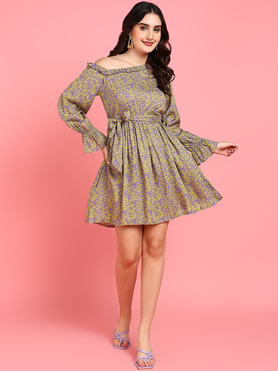 Venice Neon Green and Purple Floral Womens Cotton Dress with Drop Shoulder and Belt Venice Neon Green and Purple Floral Womens Cotton Dress with Drop Shoulder and Belt