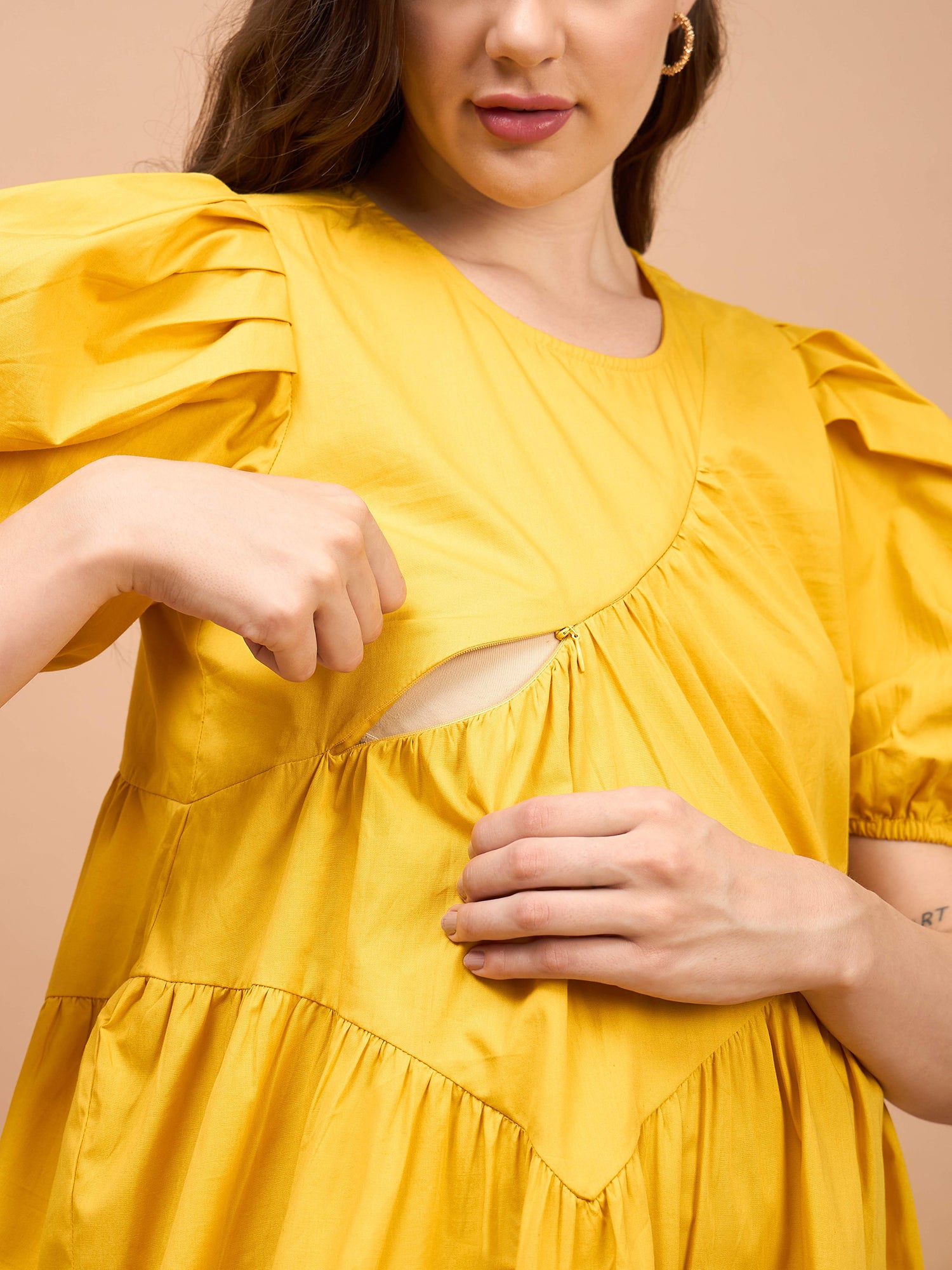 24 Karat Yellow Cotton Womens Nursing Maternity Dress with Hidden Nursing Features 24 Karat Yellow Cotton Womens Nursing Maternity Dress with Hidden Nursing Features