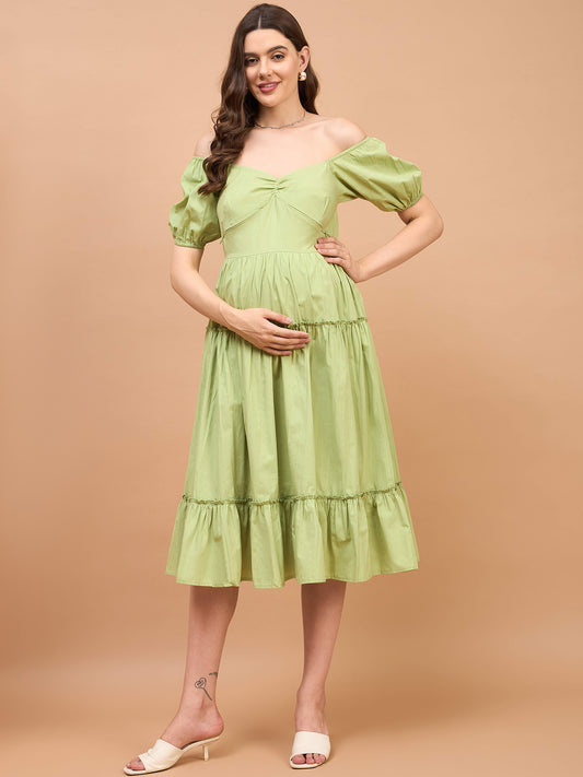 Pistachio Pista Green Cotton Womens Nursing Maternity Dress with Hidden Nursing Features