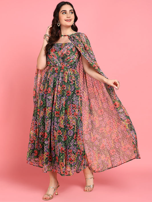 Positano Floral Cape and Maxi Dress Womens Party Co-ord Set