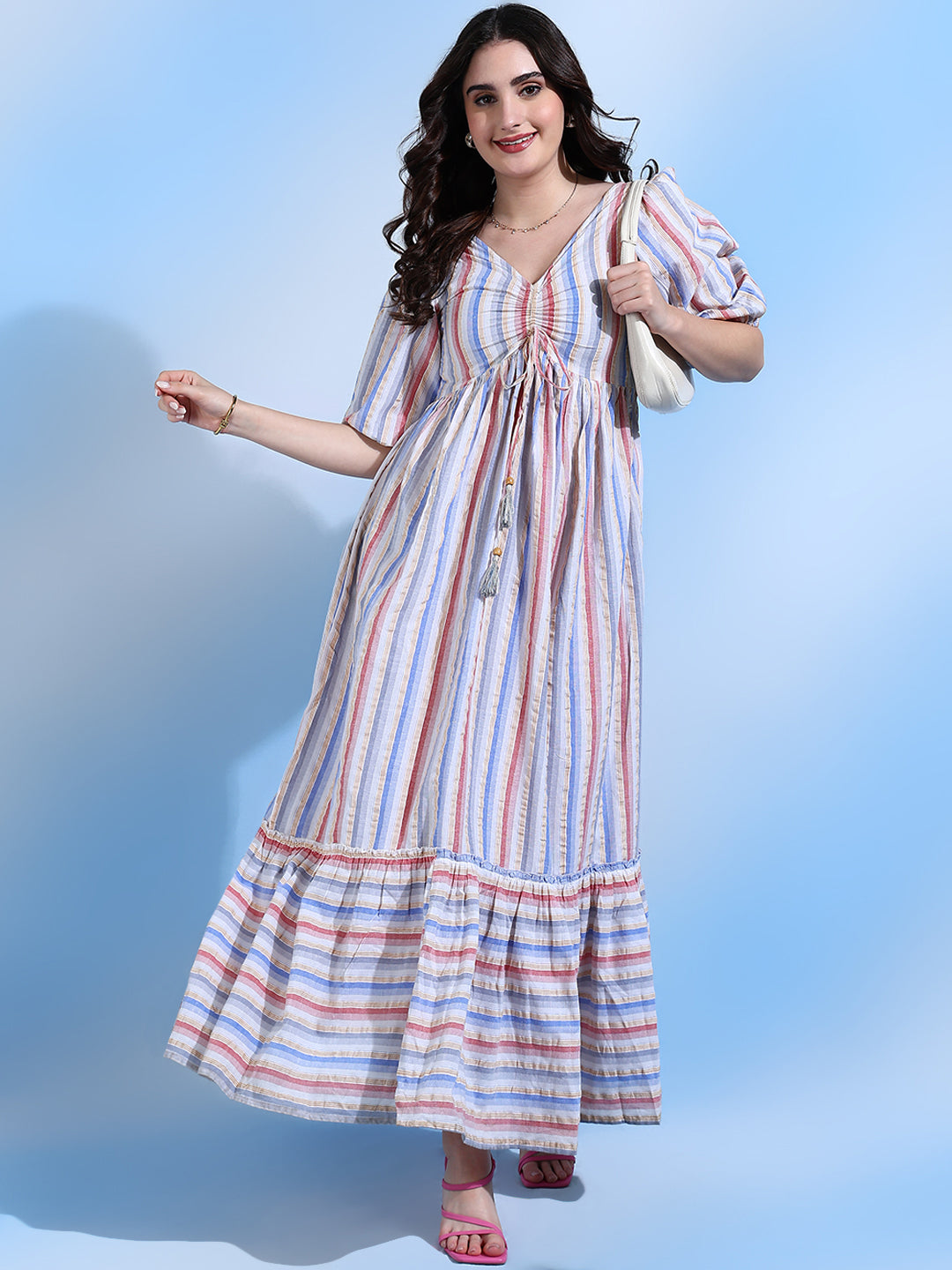 Nancy Pastel Strips Yarn Dyed Maxi Dress with Tie Detail Nancy Pastel Strips Yarn Dyed Maxi Dress with Tie Detail