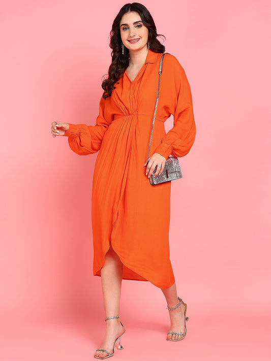 Sicily Orange Wrap Womens Party Dress with Full Sleeves