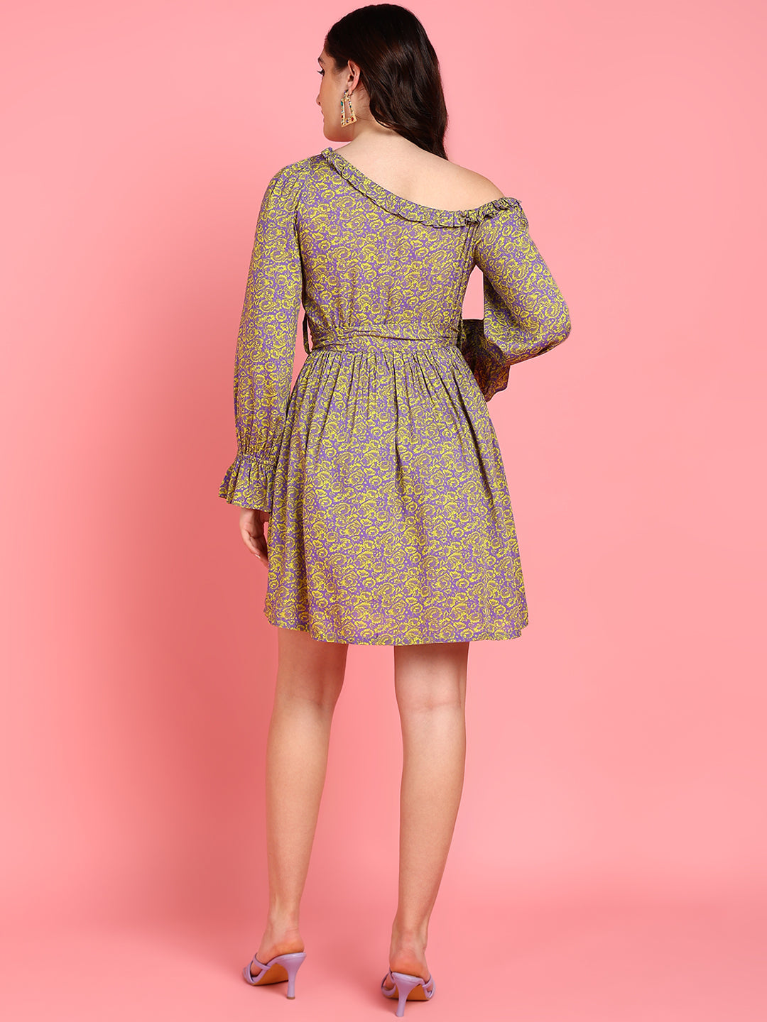 Venice Neon Green and Purple Floral Womens Cotton Dress with Drop Shoulder and Belt Venice Neon Green and Purple Floral Womens Cotton Dress with Drop Shoulder and Belt