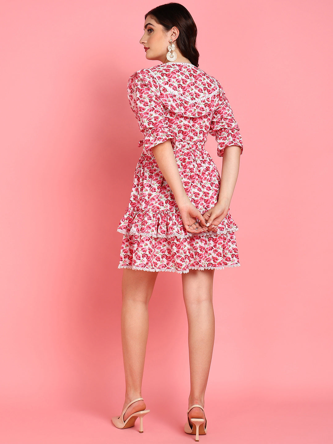 Hawaii Pink Floral Casual Tier Dress for Women with Lace and Ruffle Details Hawaii Pink Floral Casual Tier Dress for Women with Lace and Ruffle Details