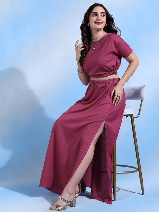 Nicole Wine Co-ord Set With Crop Top and Skirt for Woman