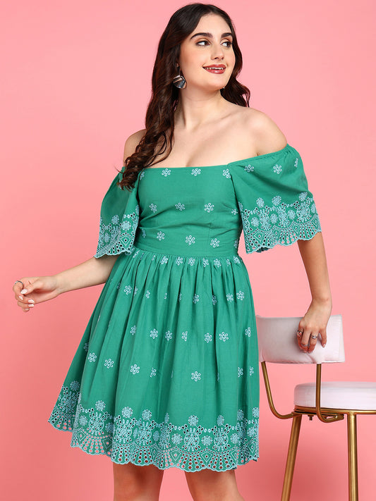 Koh Samui Green and Blue Womens Cotton Schiffli Party Dress