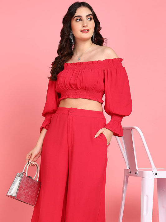 Capri Scarlet Red Womens Party Co-ord Set with Crop Top and Pants