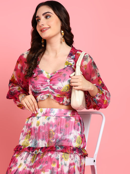 Amalfi Floral Print Women's Pure chiffon Co-ord Set with Frill Skirt and Top
