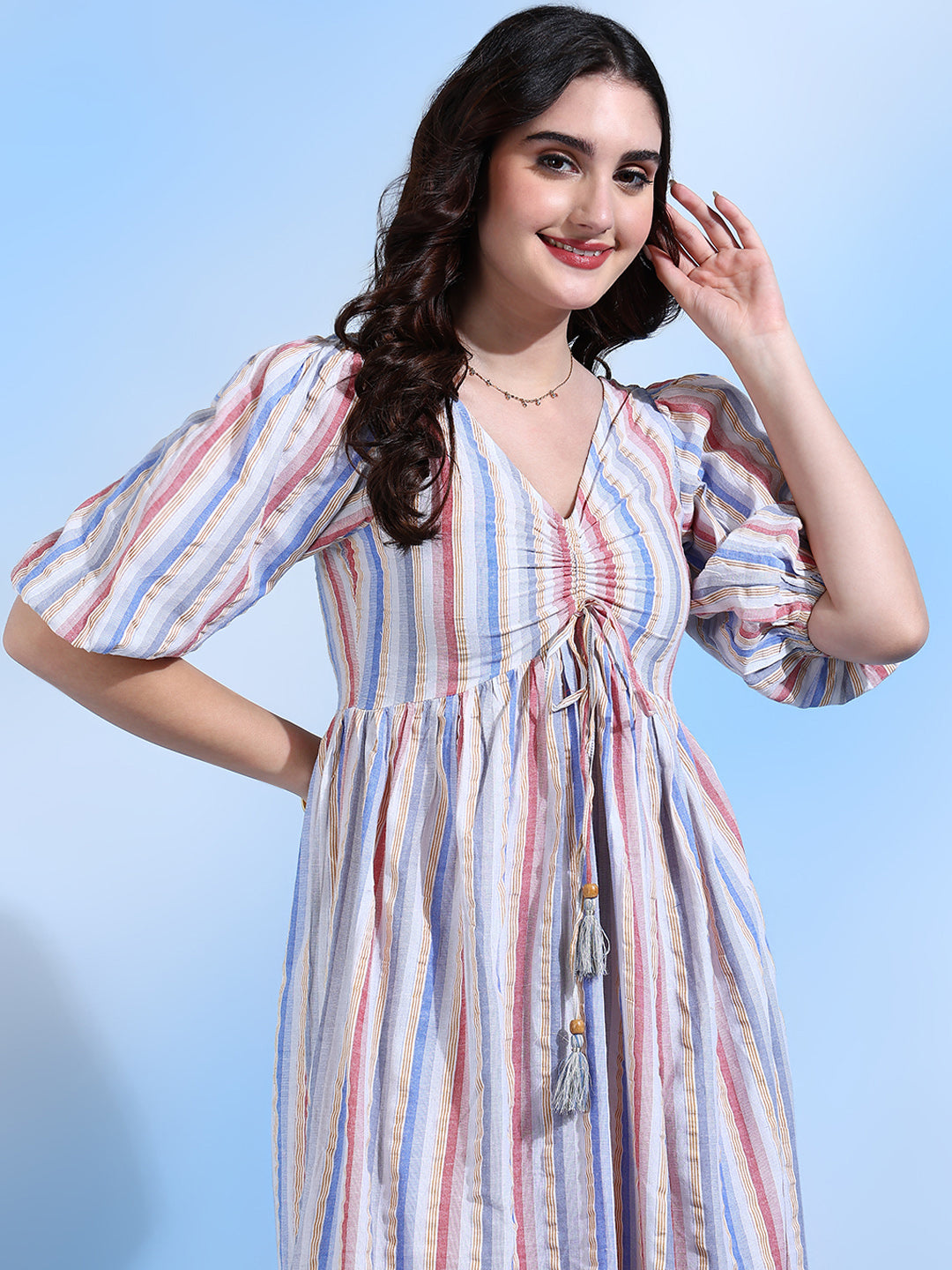 Nancy Pastel Strips Yarn Dyed Maxi Dress with Tie Detail Nancy Pastel Strips Yarn Dyed Maxi Dress with Tie Detail