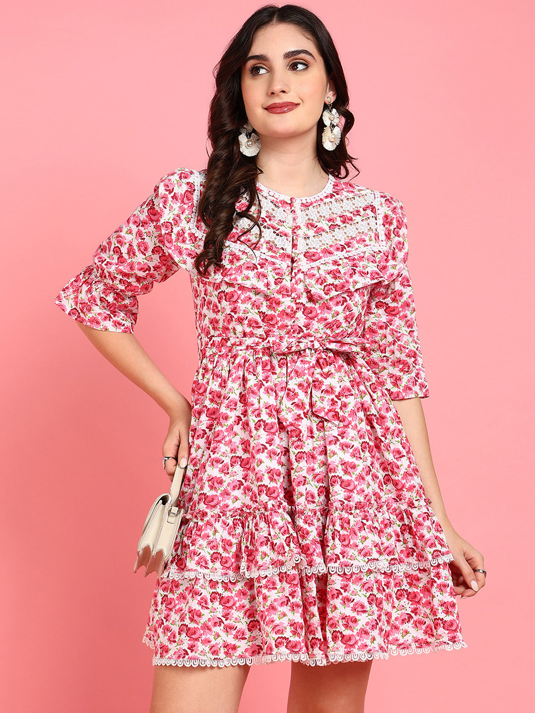 Hawaii Pink Floral Casual Tier Dress for Women with Lace and Ruffle Details Hawaii Pink Floral Casual Tier Dress for Women with Lace and Ruffle Details