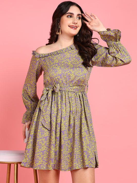 Venice Neon Green and Purple Floral Womens Cotton Dress with Drop Shoulder and Belt