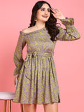 Venice Neon Green and Purple Floral Womens Cotton Dress with Drop Shoulder and Belt Venice Neon Green and Purple Floral Womens Cotton Dress with Drop Shoulder and Belt
