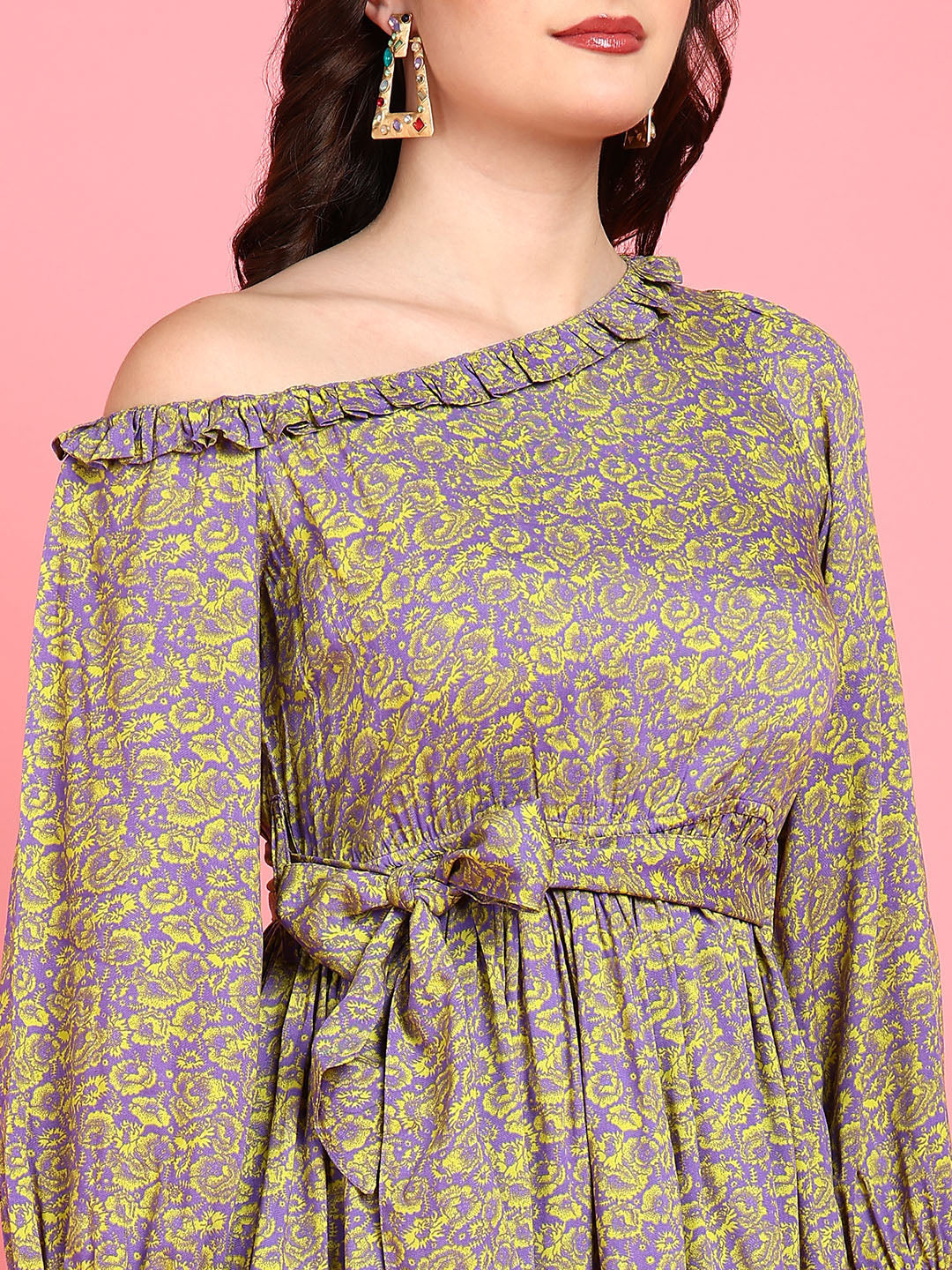 Venice Neon Green and Purple Floral Womens Cotton Dress with Drop Shoulder and Belt Venice Neon Green and Purple Floral Womens Cotton Dress with Drop Shoulder and Belt
