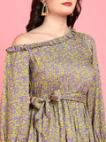 Venice Neon Green and Purple Floral Womens Cotton Dress with Drop Shoulder and Belt Venice Neon Green and Purple Floral Womens Cotton Dress with Drop Shoulder and Belt