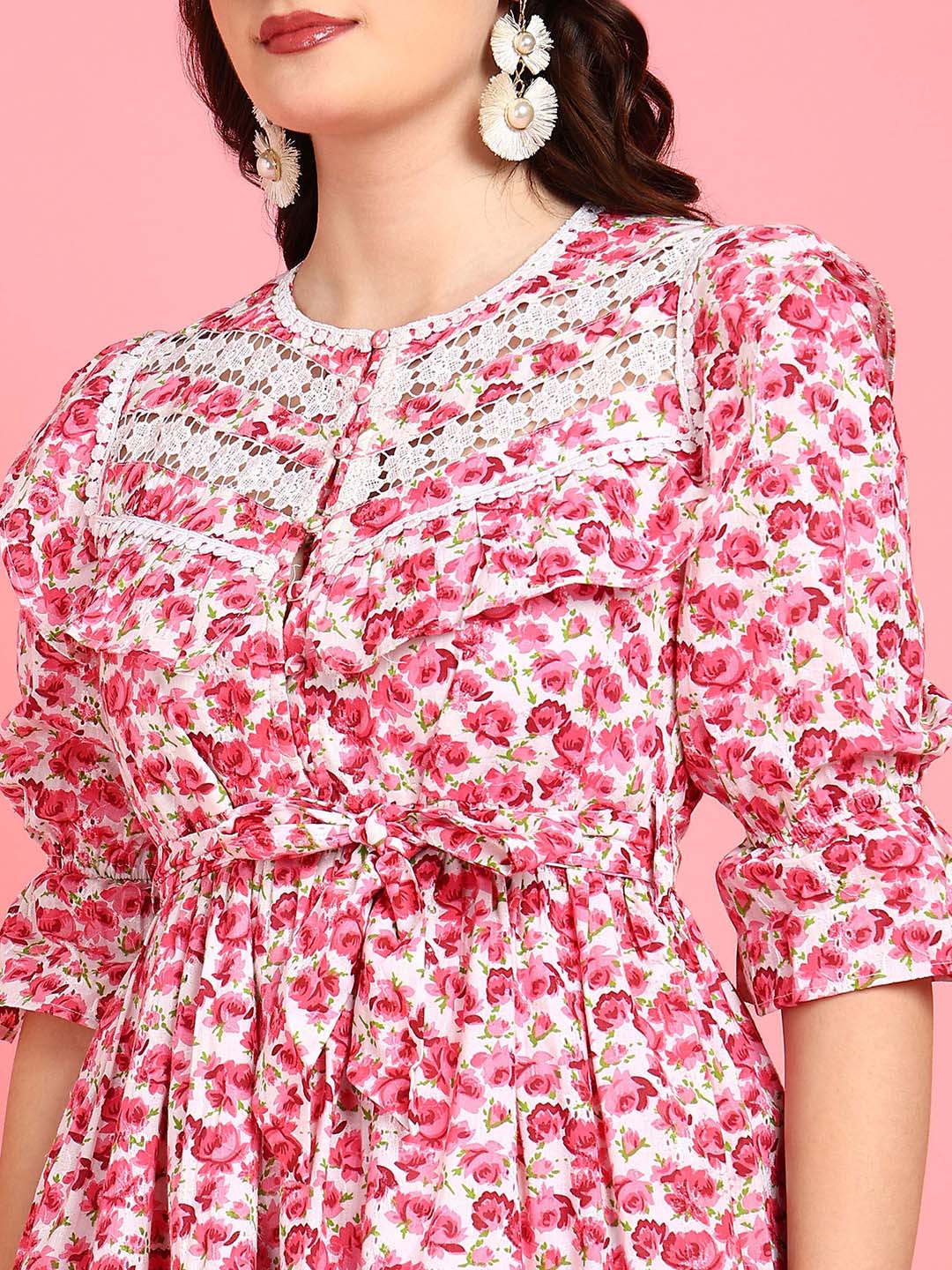 Hawaii Pink Floral Casual Tier Dress for Women with Lace and Ruffle Details Hawaii Pink Floral Casual Tier Dress for Women with Lace and Ruffle Details
