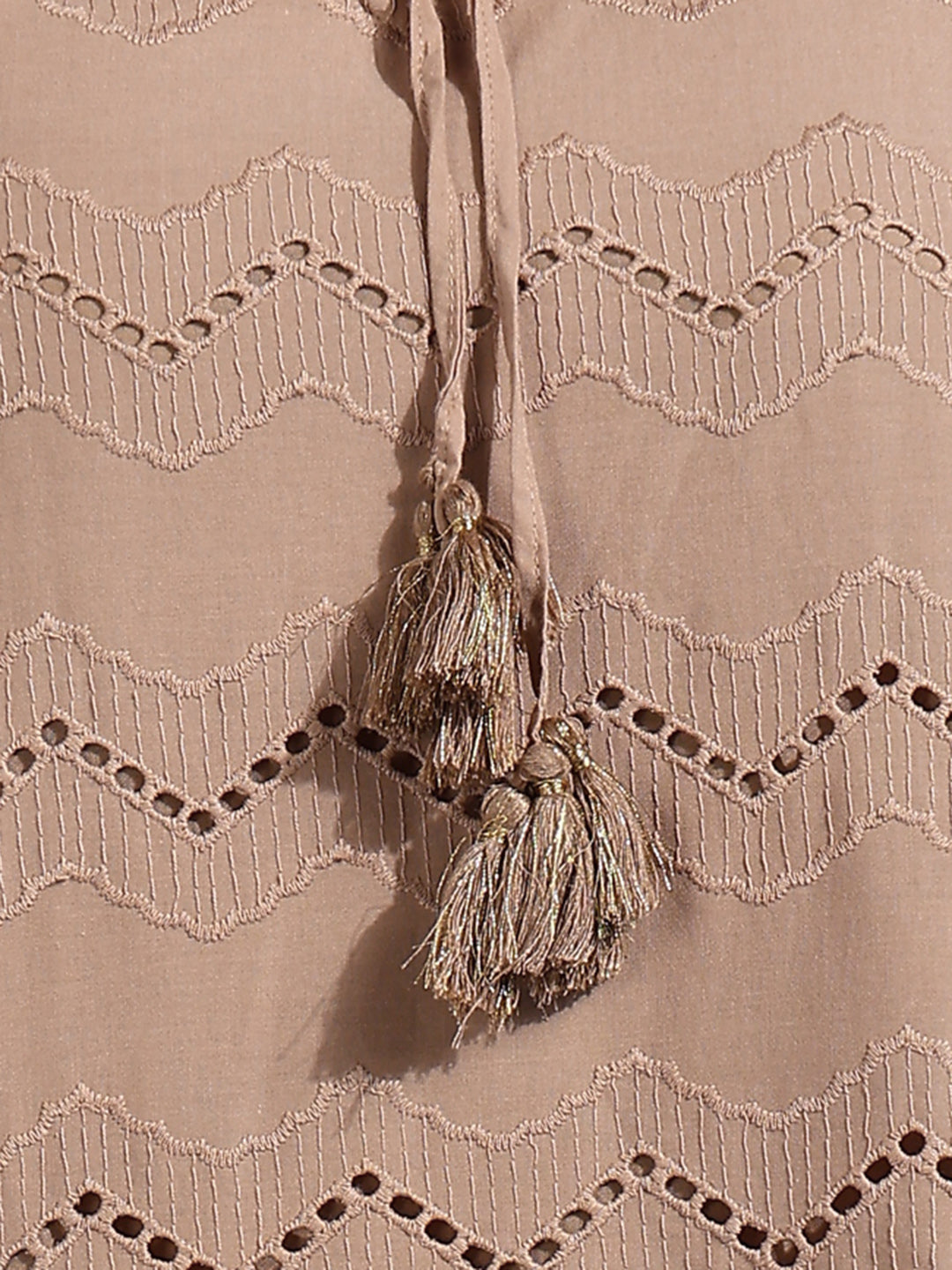 Destiny Brown Schiffli Cotton Maxi Dress with Tassel Details Destiny Brown Schiffli Cotton Maxi Dress with Tassel Details