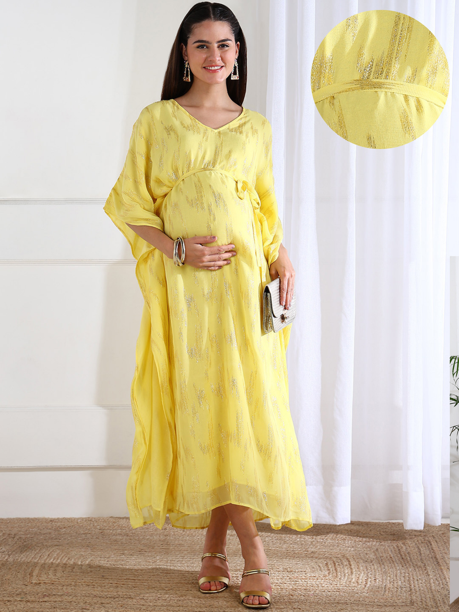 Willow Yellow Kaftan Maternity Dress with Golden Lurex for Pregnancy