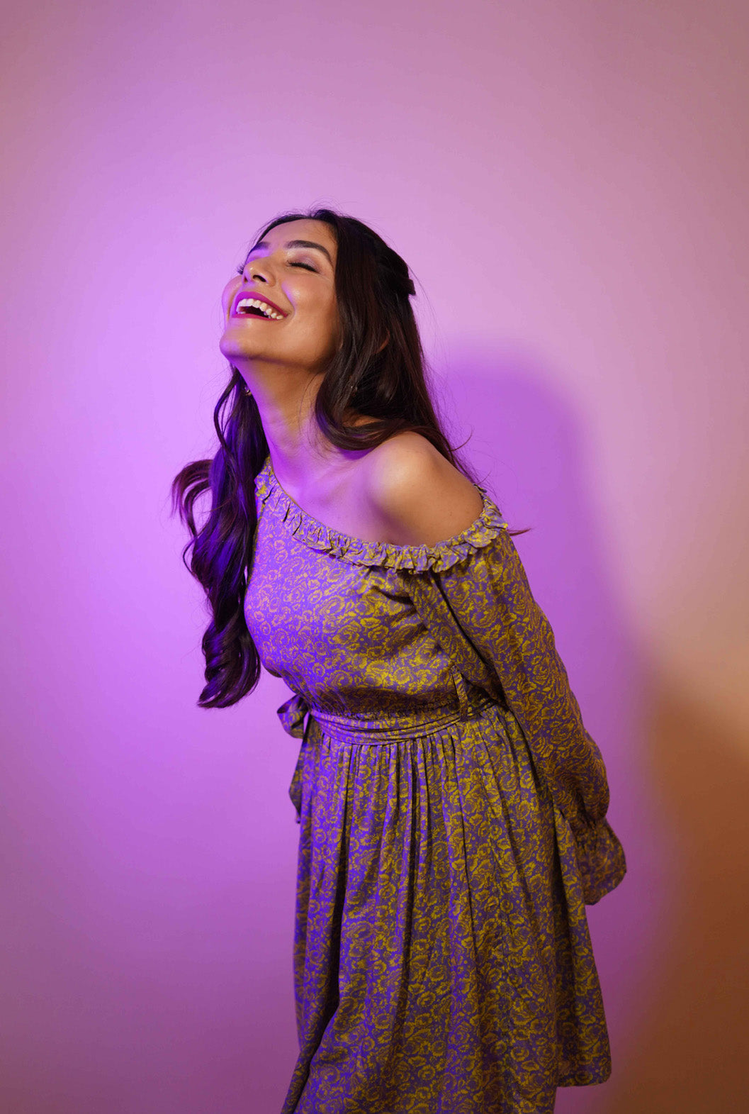 Venice Neon Green and Purple Floral Womens Cotton Dress with Drop Shoulder and Belt Venice Neon Green and Purple Floral Womens Cotton Dress with Drop Shoulder and Belt