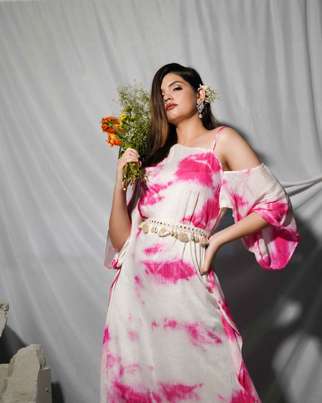 Julie Pink Tie and Dye Womens Indo-Western Party Dress with One Shoulder Sleeves and Embellished Belt Julie Pink Tie and Dye Womens Indo-Western Party Dress with One Shoulder Sleeves and Embellished Belt