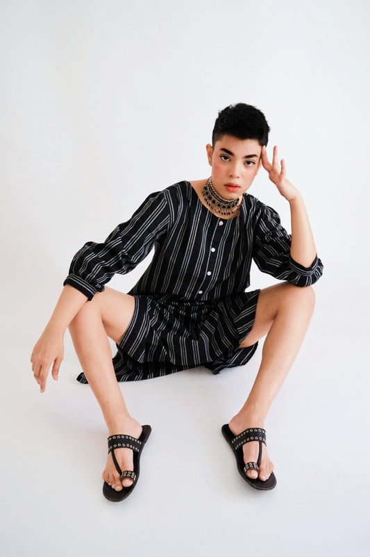 Midnight Black and White Stripe Summer Cotton Office Wear Midi Dress