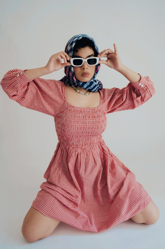 Cherry Womens Red and White Gingham Check Off Shoulder Dress with Sleeves