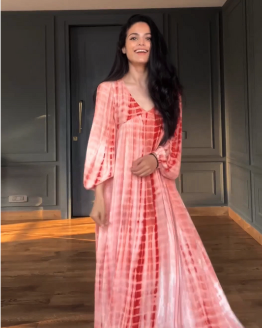 Amber Lights Peach Shibori Tie and Dye Print Womens Cotton Maxi Dress with Full Sleeves