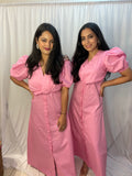 Rose Knot Pastel Pink Womens Maxi Party Dress with Buttons and Statement Sleeves Rose Knot Pastel Pink Womens Maxi Party Dress with Buttons and Statement Sleeves
