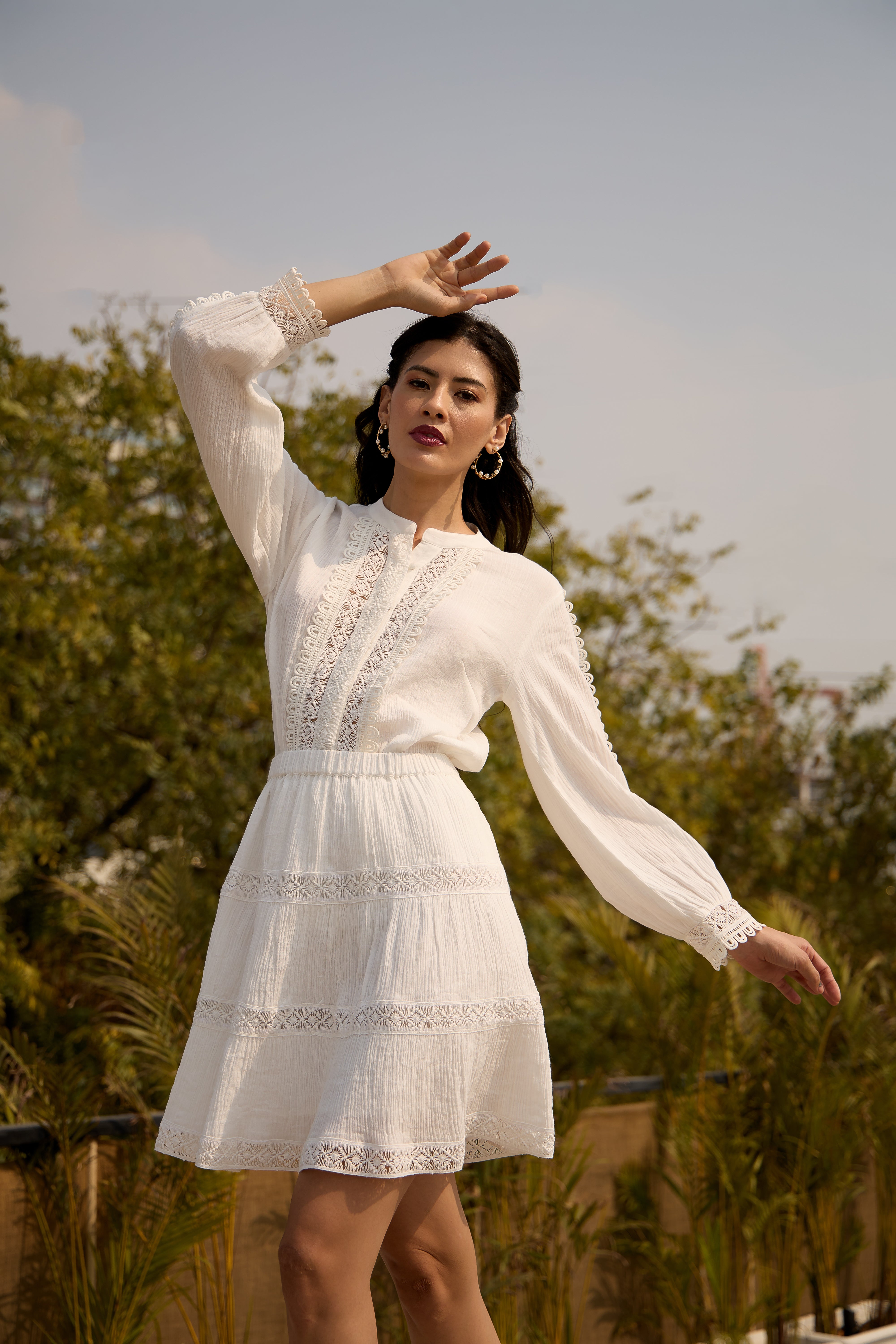 Flawless White Summer piece Co-ord Set with Lace Details for Women