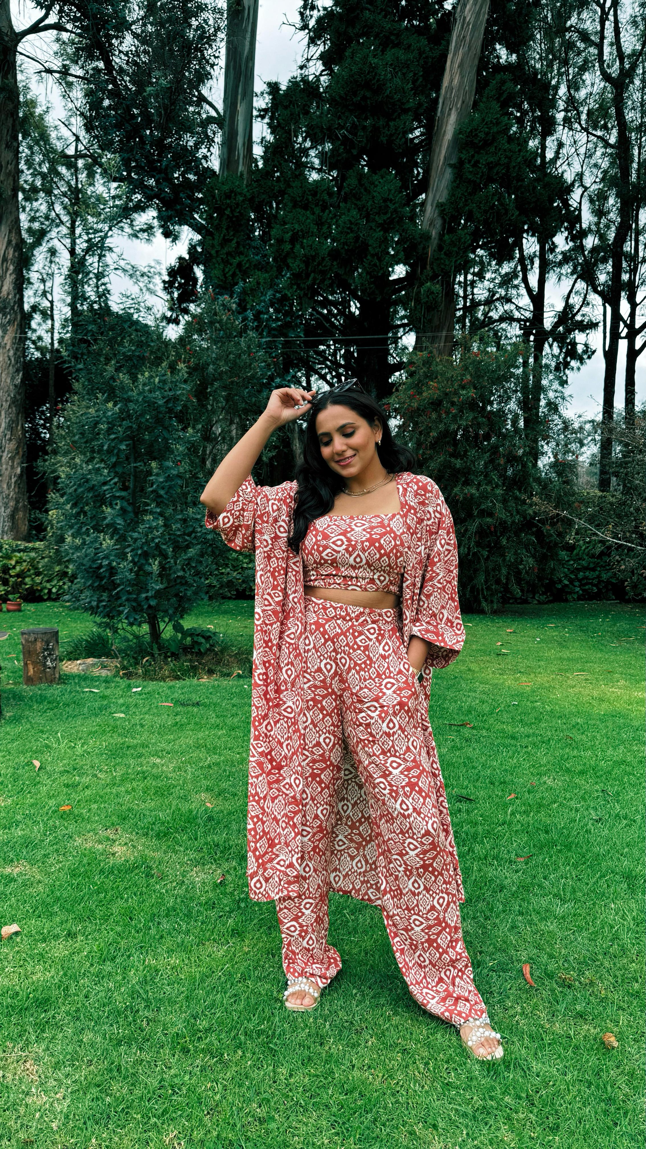 Serial Chiller 3 Piece Printed Summer Co-ord Set for Women with Cape Serial Chiller 3 Piece Printed Summer Co-ord Set for Women with Cape