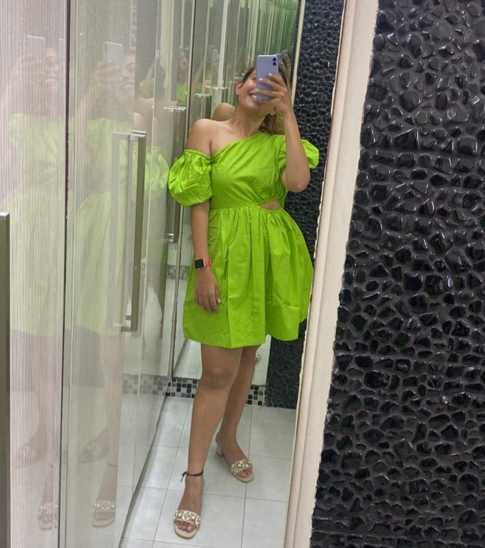 Lime-Crime Green Cut Out Mini Womens Cotton Party Dress Lime-Crime Green Cut Out Mini Womens Cotton Party Dress